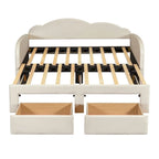 Cama nido doble tapizada en terciopelo beige/rosa/gris con cama auxiliar elevable y 2 cajones