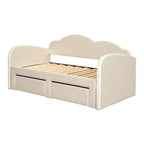Cama nido doble tapizada en terciopelo beige/rosa/gris con cama auxiliar elevable y 2 cajones