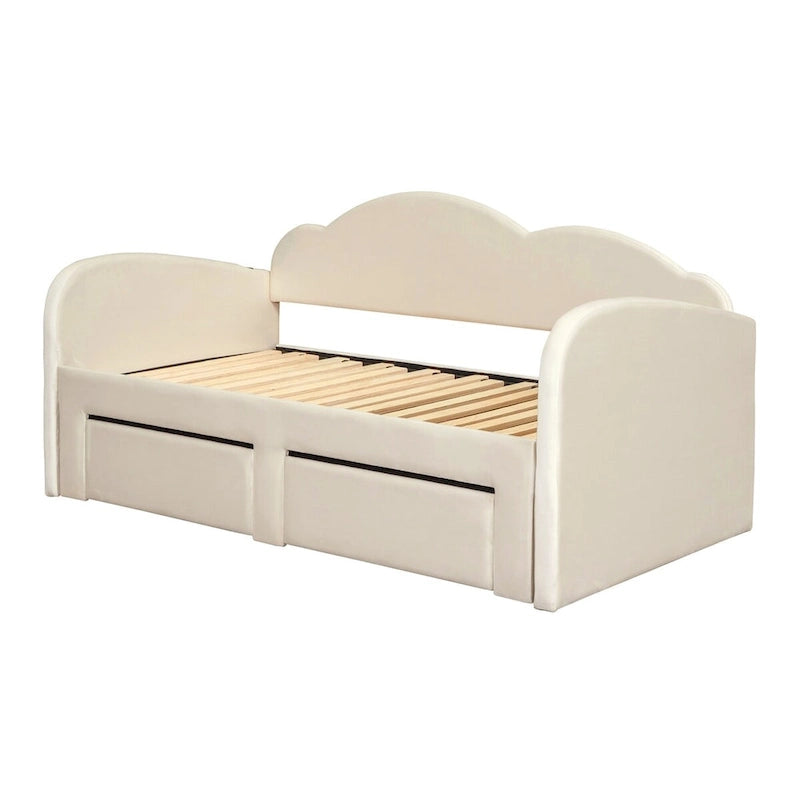 Cama nido doble tapizada en terciopelo beige/rosa/gris con cama auxiliar elevable y 2 cajones