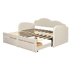 Cama nido doble tapizada en terciopelo beige/rosa/gris con cama auxiliar elevable y 2 cajones