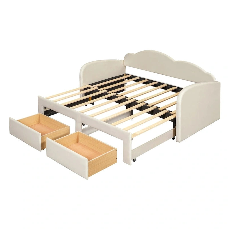 Cama nido doble tapizada en terciopelo beige/rosa/gris con cama auxiliar elevable y 2 cajones