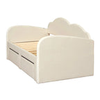 Cama nido doble tapizada en terciopelo beige/rosa/gris con cama auxiliar elevable y 2 cajones