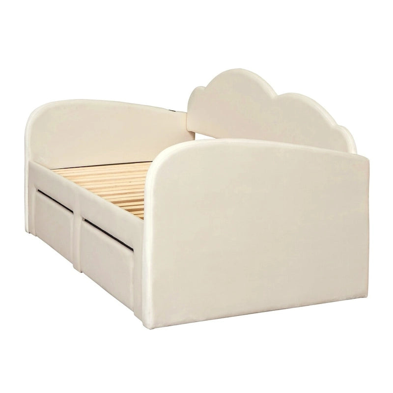 Cama nido doble tapizada en terciopelo beige/rosa/gris con cama auxiliar elevable y 2 cajones