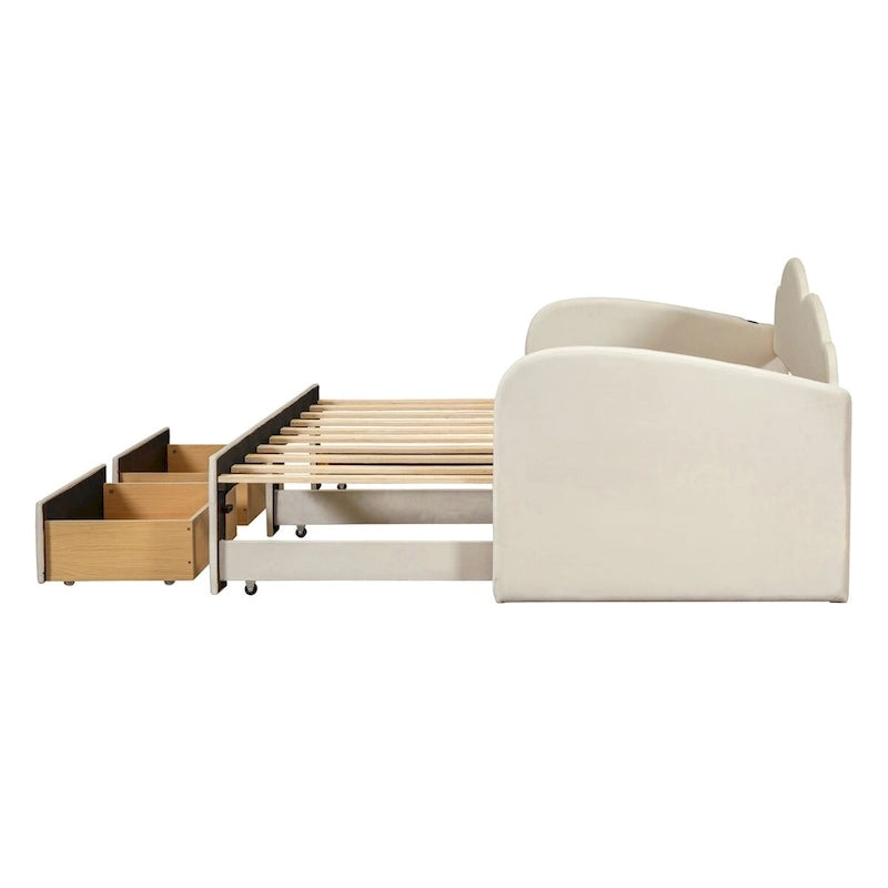 Cama nido doble tapizada en terciopelo beige/rosa/gris con cama auxiliar elevable y 2 cajones