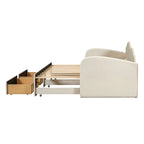 Cama nido doble tapizada en terciopelo beige/rosa/gris con cama auxiliar elevable y 2 cajones