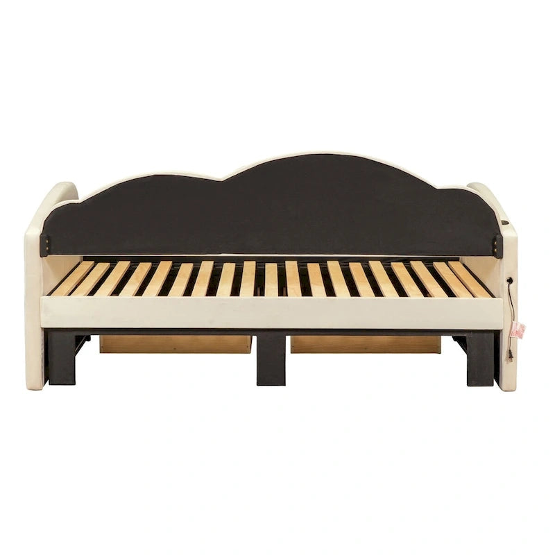 Cama nido doble tapizada en terciopelo beige/rosa/gris con cama auxiliar elevable y 2 cajones