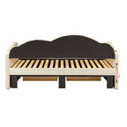 Cama nido doble tapizada en terciopelo beige/rosa/gris con cama auxiliar elevable y 2 cajones