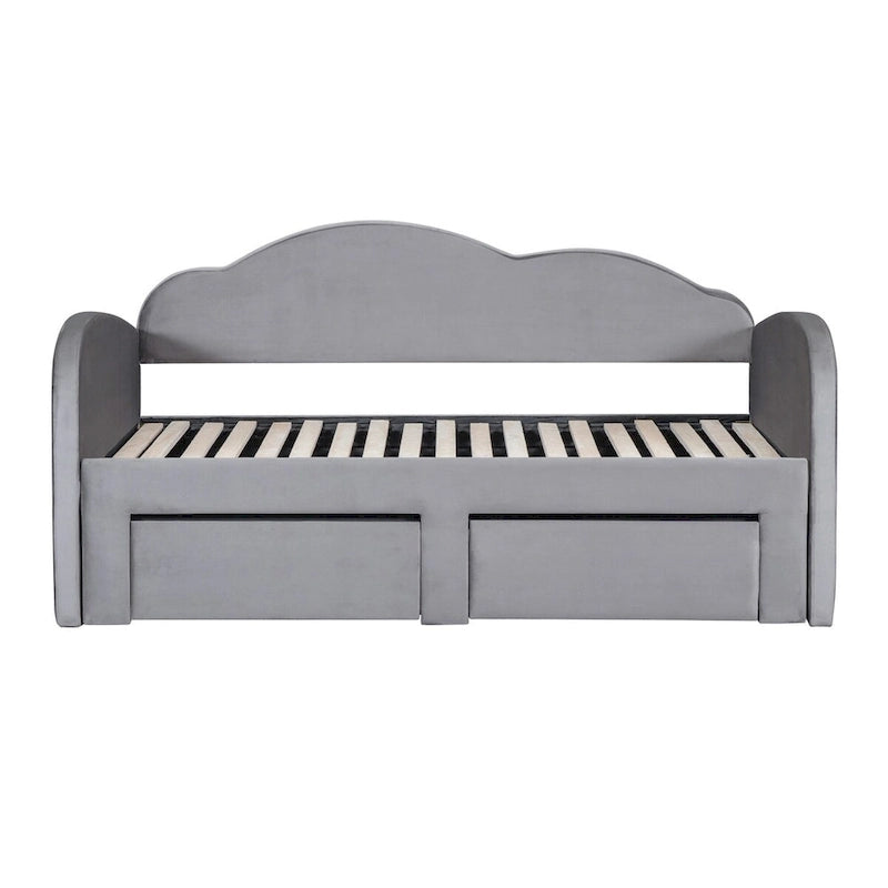 Cama nido doble tapizada en terciopelo beige/rosa/gris con cama auxiliar elevable y 2 cajones