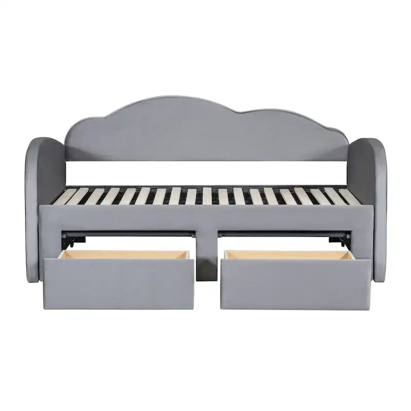 Cama nido doble tapizada en terciopelo beige/rosa/gris con cama auxiliar elevable y 2 cajones