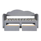 Cama nido doble tapizada en terciopelo beige/rosa/gris con cama auxiliar elevable y 2 cajones