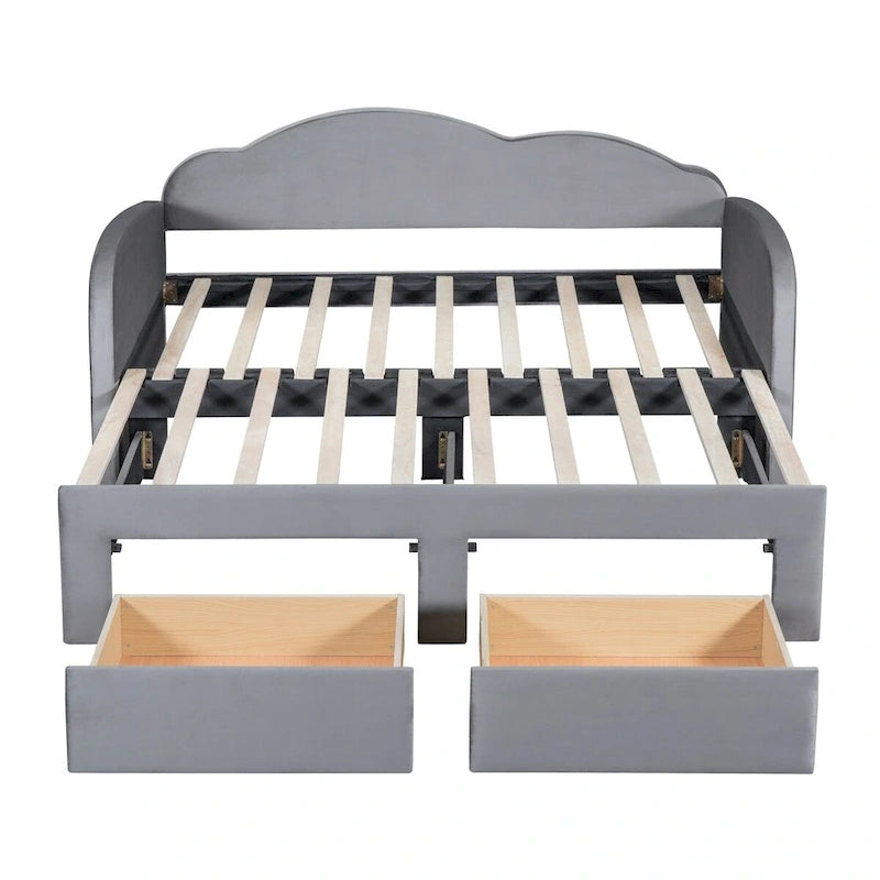 Cama nido doble tapizada en terciopelo beige/rosa/gris con cama auxiliar elevable y 2 cajones