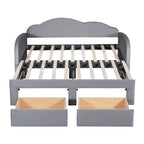 Cama nido doble tapizada en terciopelo beige/rosa/gris con cama auxiliar elevable y 2 cajones