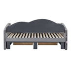 Cama nido doble tapizada en terciopelo beige/rosa/gris con cama auxiliar elevable y 2 cajones