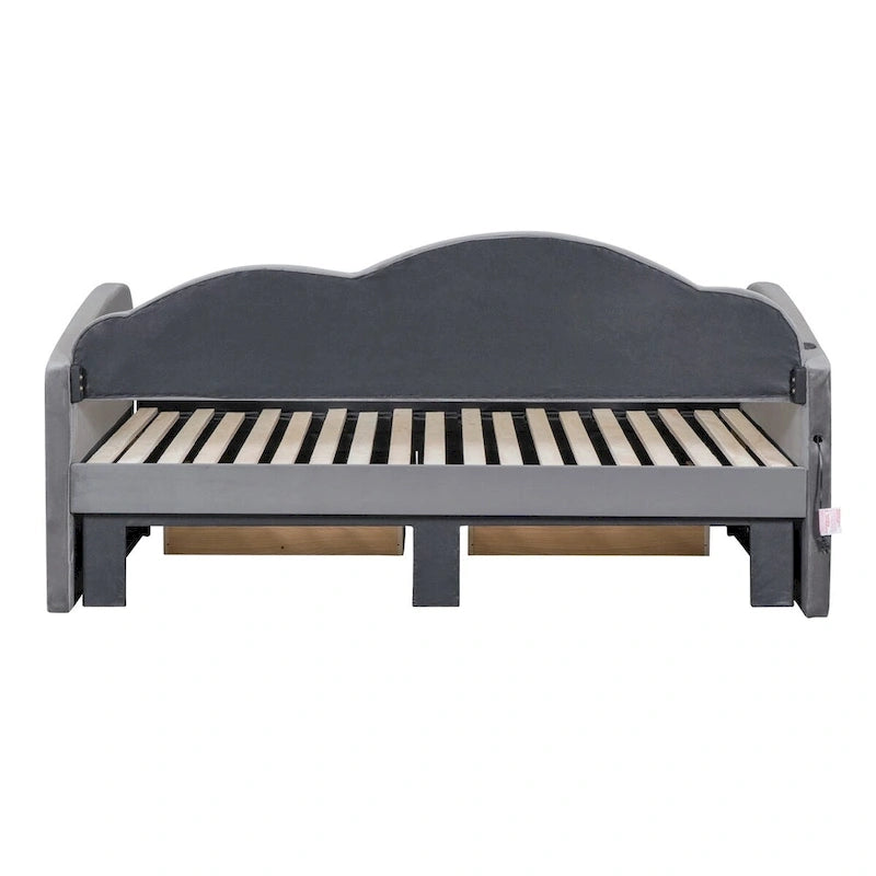 Cama nido doble tapizada en terciopelo beige/rosa/gris con cama auxiliar elevable y 2 cajones