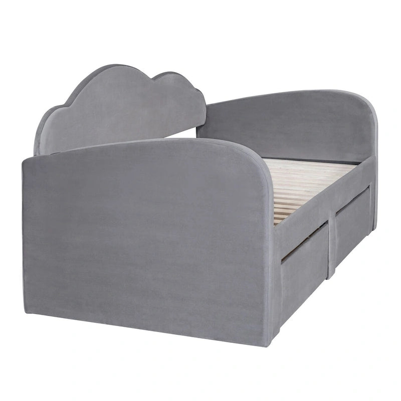 Cama nido doble tapizada en terciopelo beige/rosa/gris con cama auxiliar elevable y 2 cajones