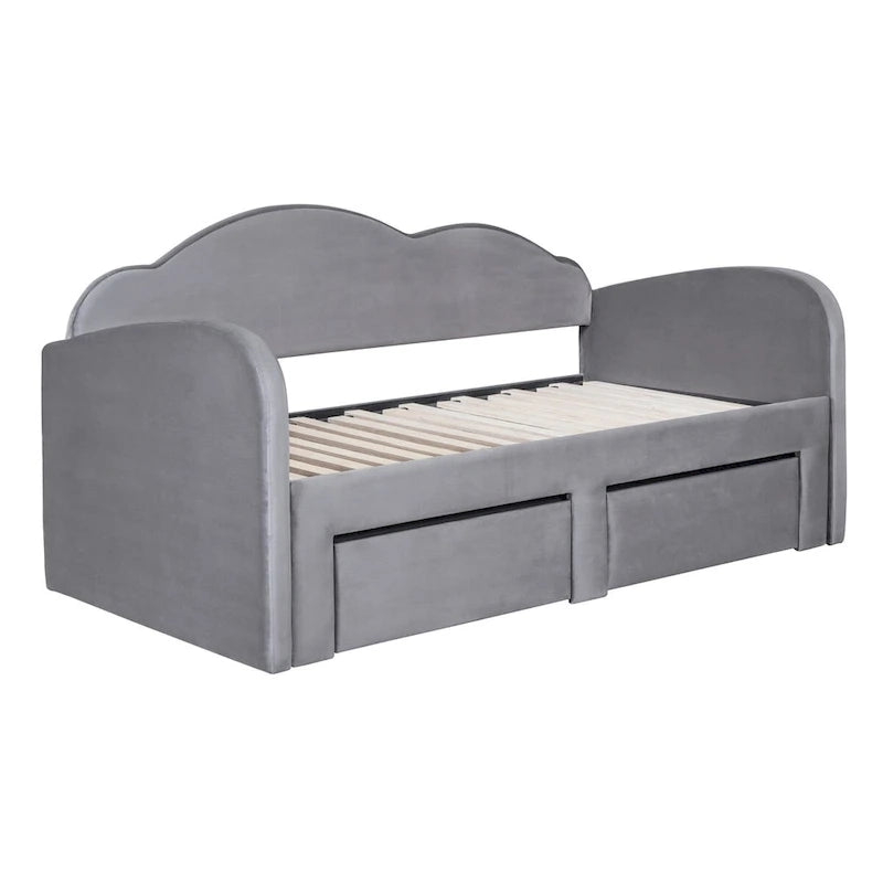 Cama nido doble tapizada en terciopelo beige/rosa/gris con cama auxiliar elevable y 2 cajones