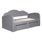 Cama nido doble tapizada en terciopelo beige/rosa/gris con cama auxiliar elevable y 2 cajones