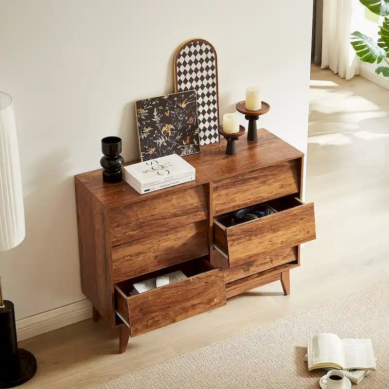 Cómoda de 6 cajones de mediados de siglo en marrón/negro, diseño biselado, MDF y patas de madera maciza