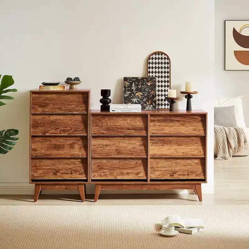 Cómoda de 6 cajones de mediados de siglo en marrón/negro, diseño biselado, MDF y patas de madera maciza