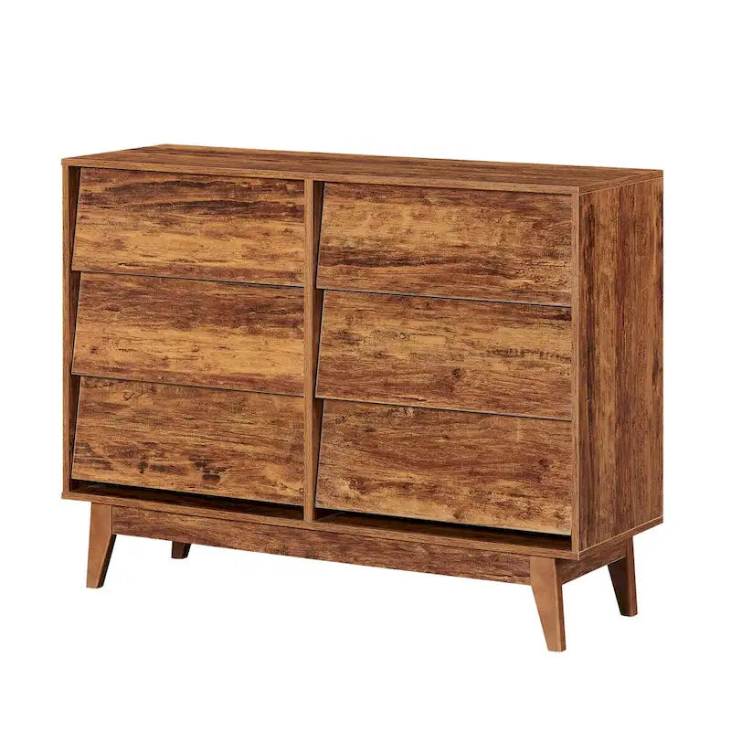 Cómoda de 6 cajones de mediados de siglo en marrón/negro, diseño biselado, MDF y patas de madera maciza