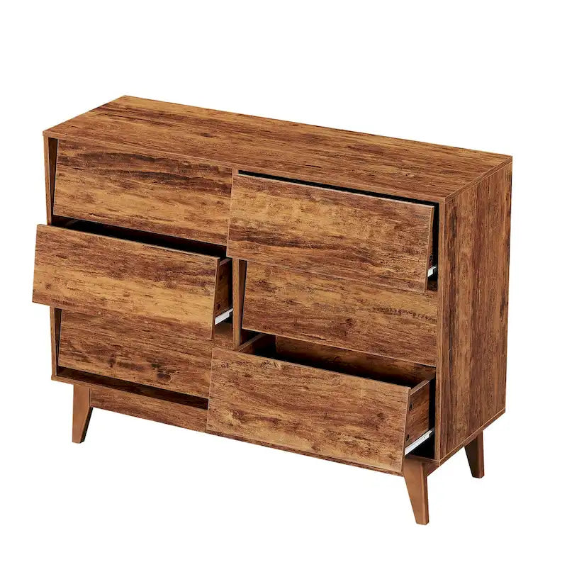 Cómoda de 6 cajones de mediados de siglo en marrón/negro, diseño biselado, MDF y patas de madera maciza