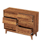 Cómoda de 6 cajones de mediados de siglo en marrón/negro, diseño biselado, MDF y patas de madera maciza