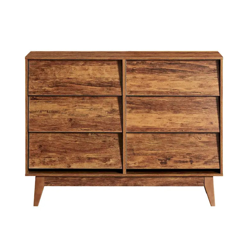 Cómoda de 6 cajones de mediados de siglo en marrón/negro, diseño biselado, MDF y patas de madera maciza