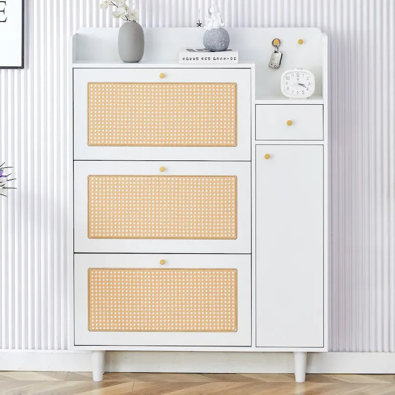 Mueble de almacenamiento estilo ratán — Blanco / Gris / Madera — Recibidor y Salón