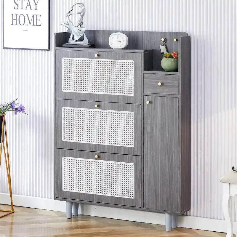Mueble de almacenamiento estilo ratán — Blanco / Gris / Madera — Recibidor y Salón
