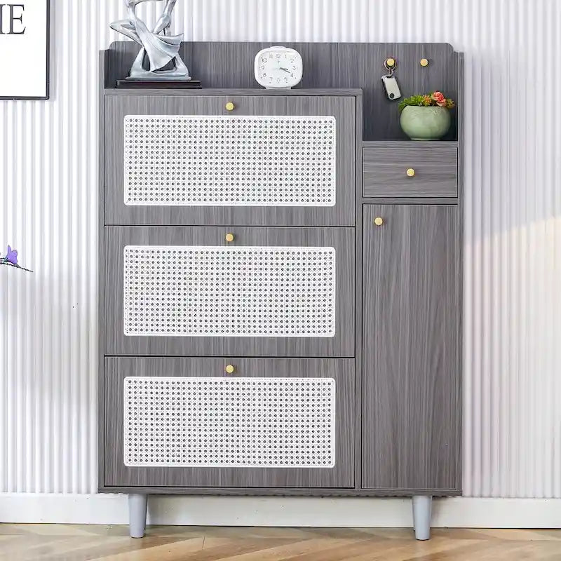 Mueble de almacenamiento estilo ratán — Blanco / Gris / Madera — Recibidor y Salón