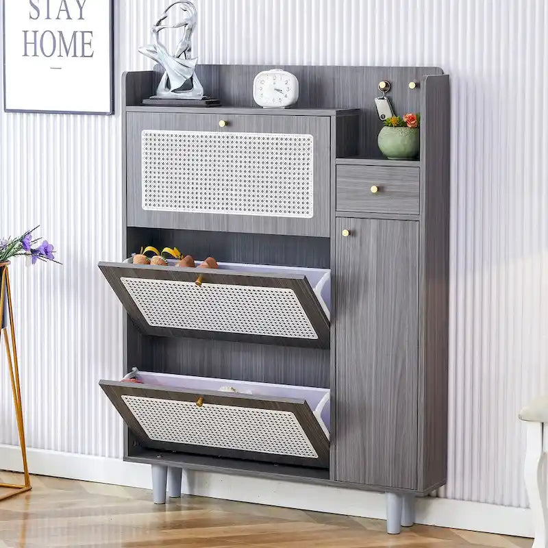 Mueble de almacenamiento estilo ratán — Blanco / Gris / Madera — Recibidor y Salón