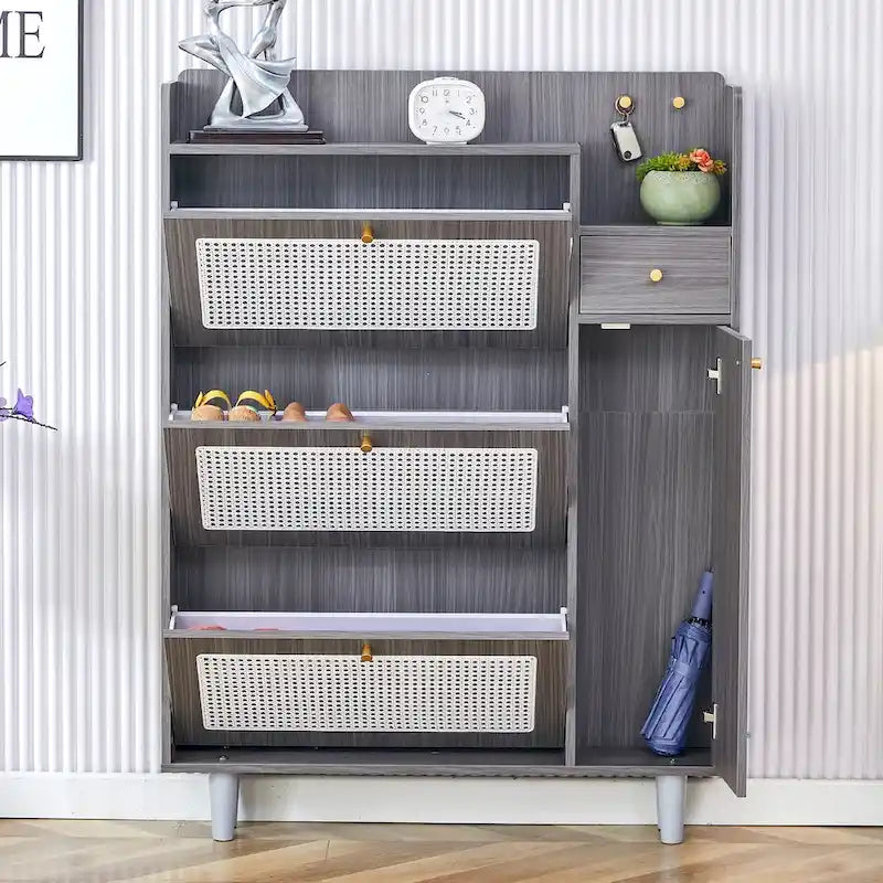 Mueble de almacenamiento estilo ratán — Blanco / Gris / Madera — Recibidor y Salón