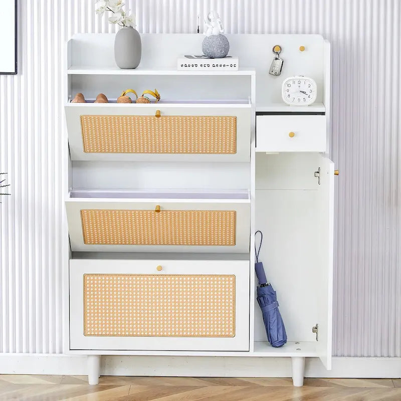 Mueble de almacenamiento estilo ratán — Blanco / Gris / Madera — Recibidor y Salón