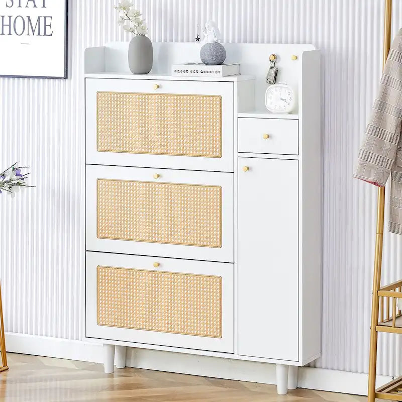 Mueble de almacenamiento estilo ratán — Blanco / Gris / Madera — Recibidor y Salón