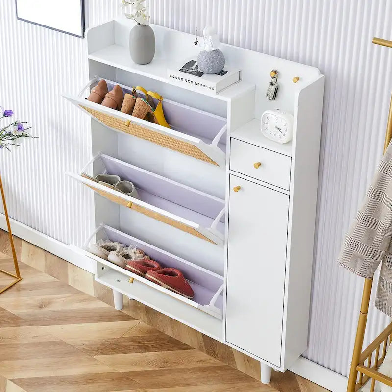 Mueble de almacenamiento estilo ratán — Blanco / Gris / Madera — Recibidor y Salón