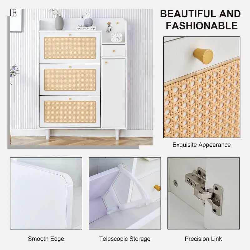 Mueble de almacenamiento estilo ratán — Blanco / Gris / Madera — Recibidor y Salón