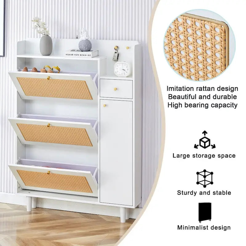 Mueble de almacenamiento estilo ratán — Blanco / Gris / Madera — Recibidor y Salón