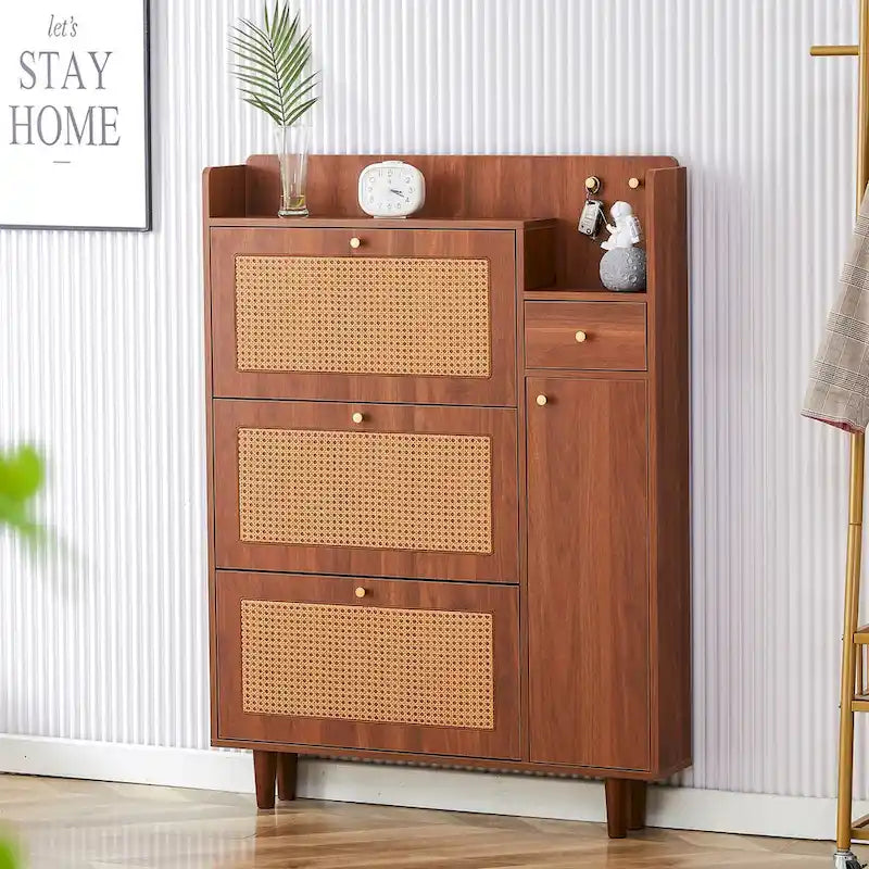 Mueble de almacenamiento estilo ratán — Blanco / Gris / Madera — Recibidor y Salón