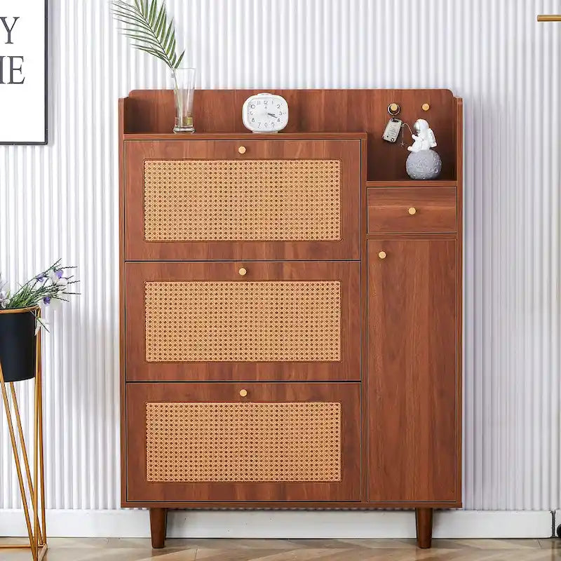 Mueble de almacenamiento estilo ratán — Blanco / Gris / Madera — Recibidor y Salón