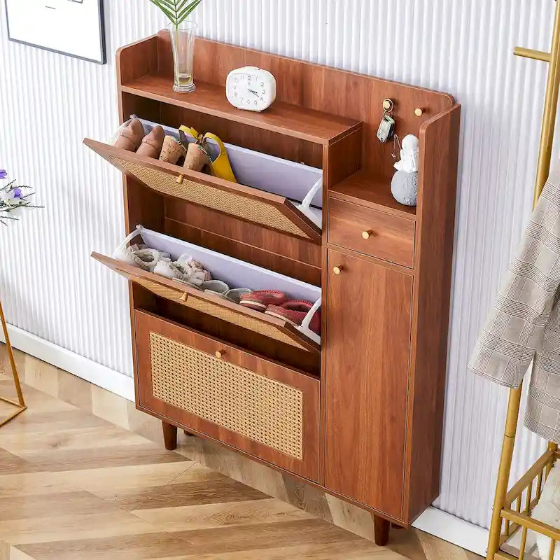 Mueble de almacenamiento estilo ratán — Blanco / Gris / Madera — Recibidor y Salón