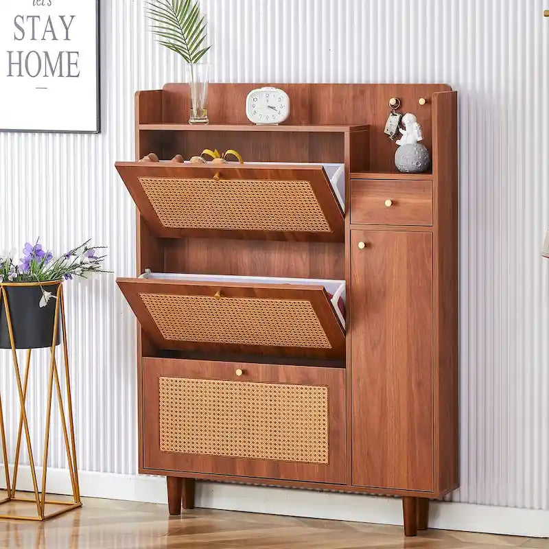 Mueble de almacenamiento estilo ratán — Blanco / Gris / Madera — Recibidor y Salón