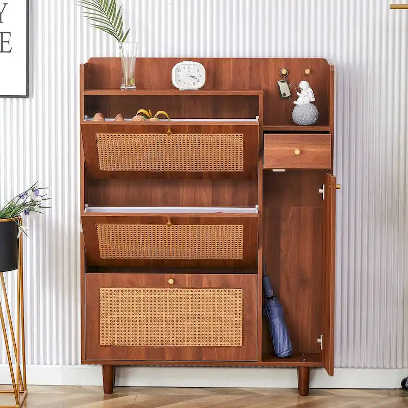 Mueble de almacenamiento estilo ratán — Blanco / Gris / Madera — Recibidor y Salón