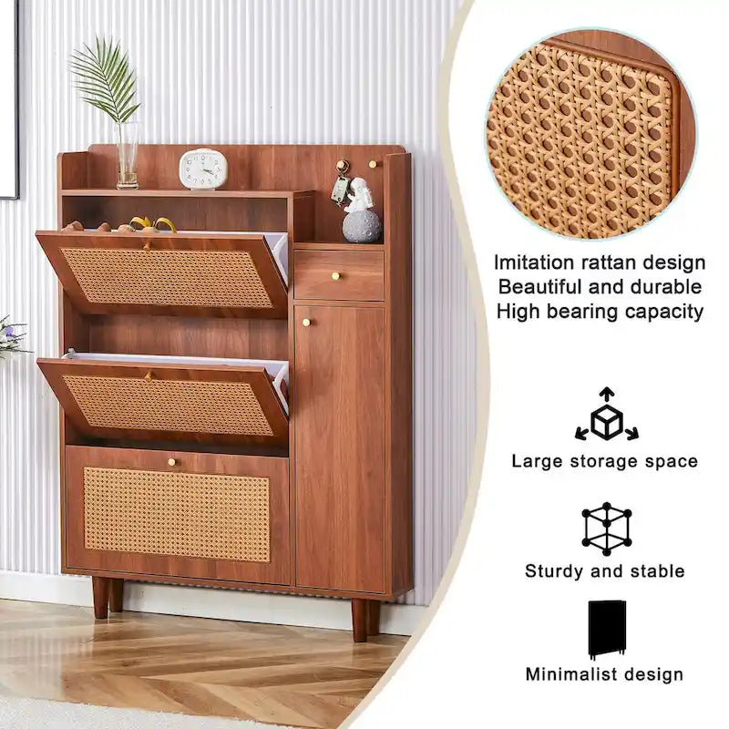 Mueble de almacenamiento estilo ratán — Blanco / Gris / Madera — Recibidor y Salón