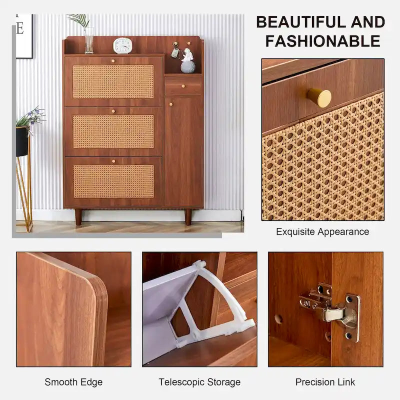 Mueble de almacenamiento estilo ratán — Blanco / Gris / Madera — Recibidor y Salón