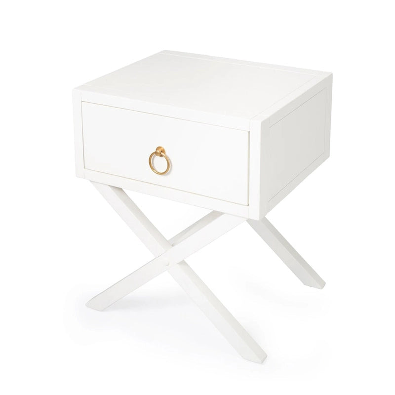Blanco / Azul Oscuro / Madera Natural Mesa Auxiliar — 1 Cajón, Patas Cruzadas, Herrajes Dorados