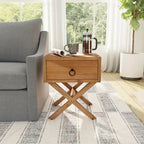 Blanco / Azul Oscuro / Madera Natural Mesa Auxiliar — 1 Cajón, Patas Cruzadas, Herrajes Dorados