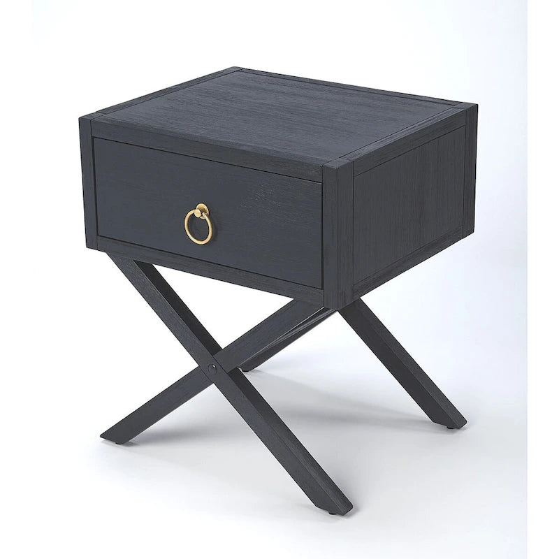 Blanco / Azul Oscuro / Madera Natural Mesa Auxiliar — 1 Cajón, Patas Cruzadas, Herrajes Dorados