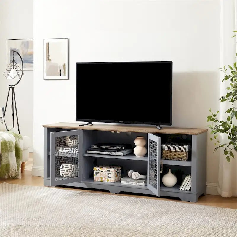 Mueble de TV Moderno de Mediados de Siglo, Azul Claro, de 70" para TVs de Hasta 80" con Gabinete de Almacenamiento
