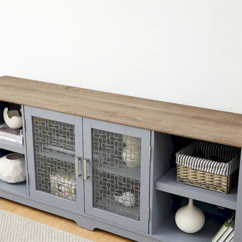 Mueble de TV Moderno de Mediados de Siglo, Azul Claro, de 70" para TVs de Hasta 80" con Gabinete de Almacenamiento