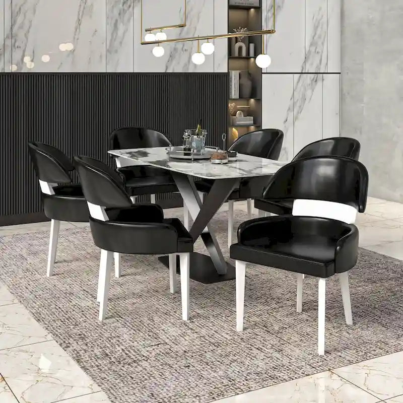Silla de comedor con respaldo curvo de cuero vegano blanca / negra / visón / gris, patas de madera de caucho, asiento individual